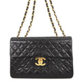 Chanel Chain Shoulder Bag Deca Quilted CC Logo Single Flap Lambskin Black