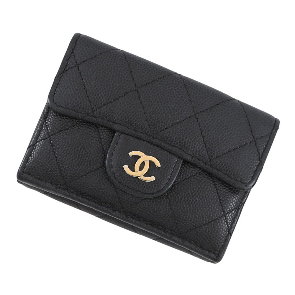 Chanel Trifold Wallet Quilted CC Logo Classic Small Flap Caviar Leather Black