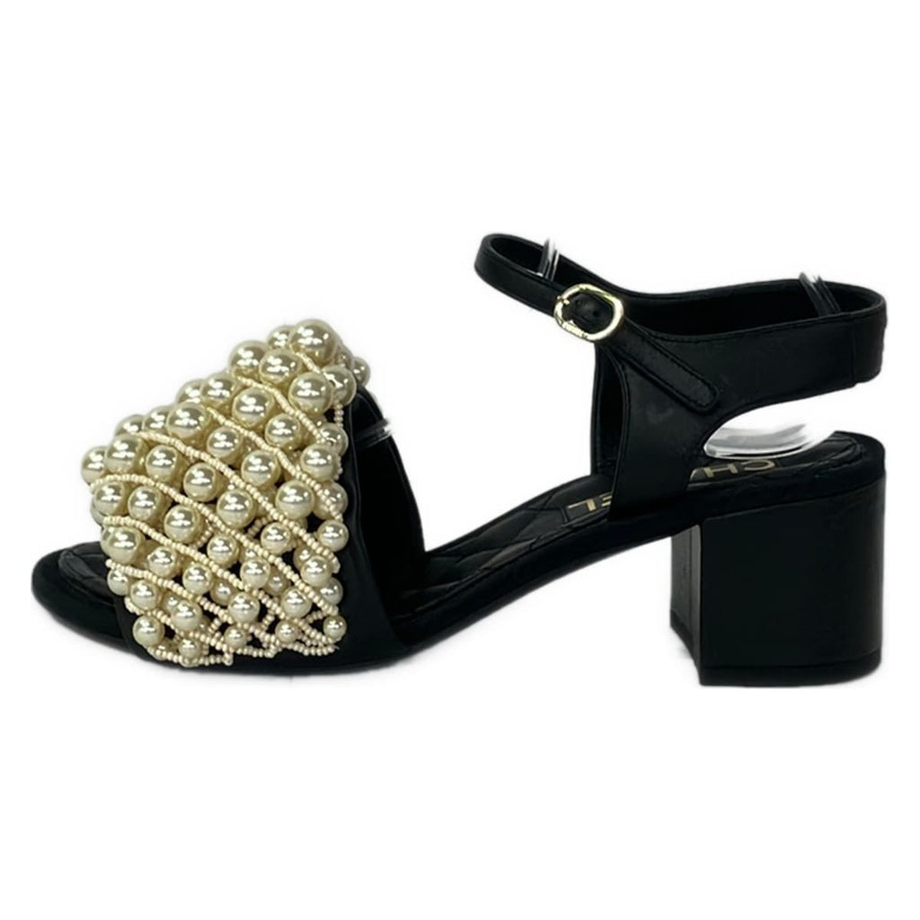 Chanel Sandals 37 C Black Ivory Beads Leather