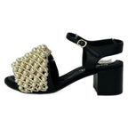 Chanel Sandals 37 C Black Ivory Beads Leather