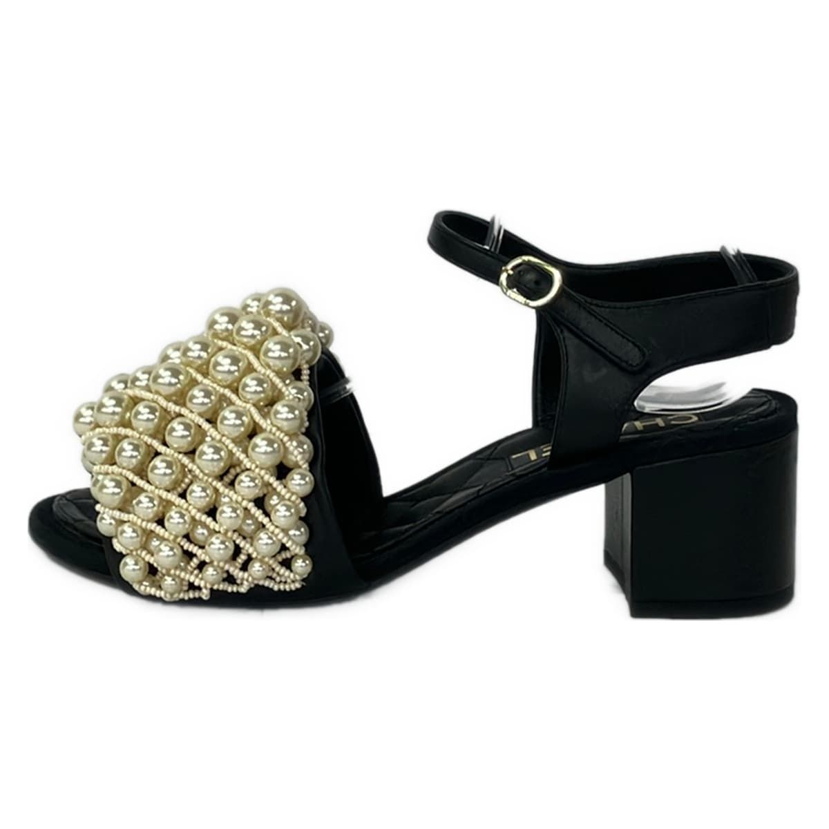 Chanel Sandals 37 C Black Ivory Beads Leather