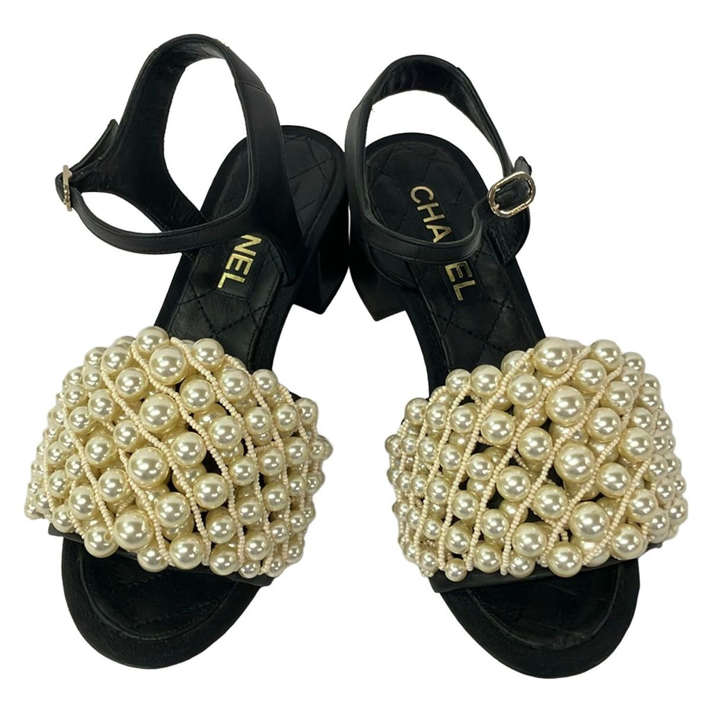 Chanel Sandals 37 C Black Ivory Beads Leather — view 2