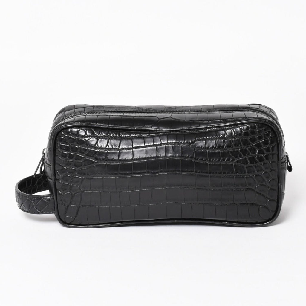 Bottega Veneta Croco Embossed Travel Pouch Black Matte