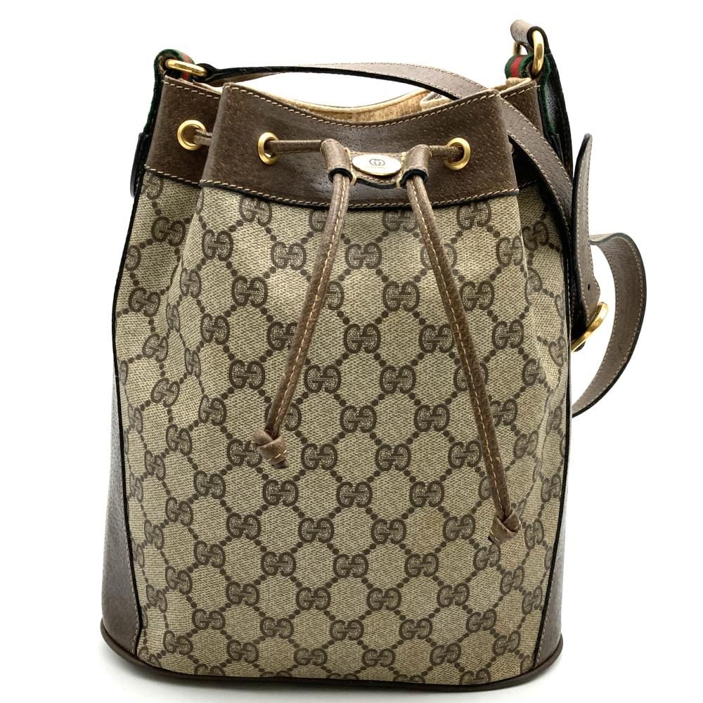 Gucci Shoulder Bag Drawstring Sherry GG Supreme Leather Vintage