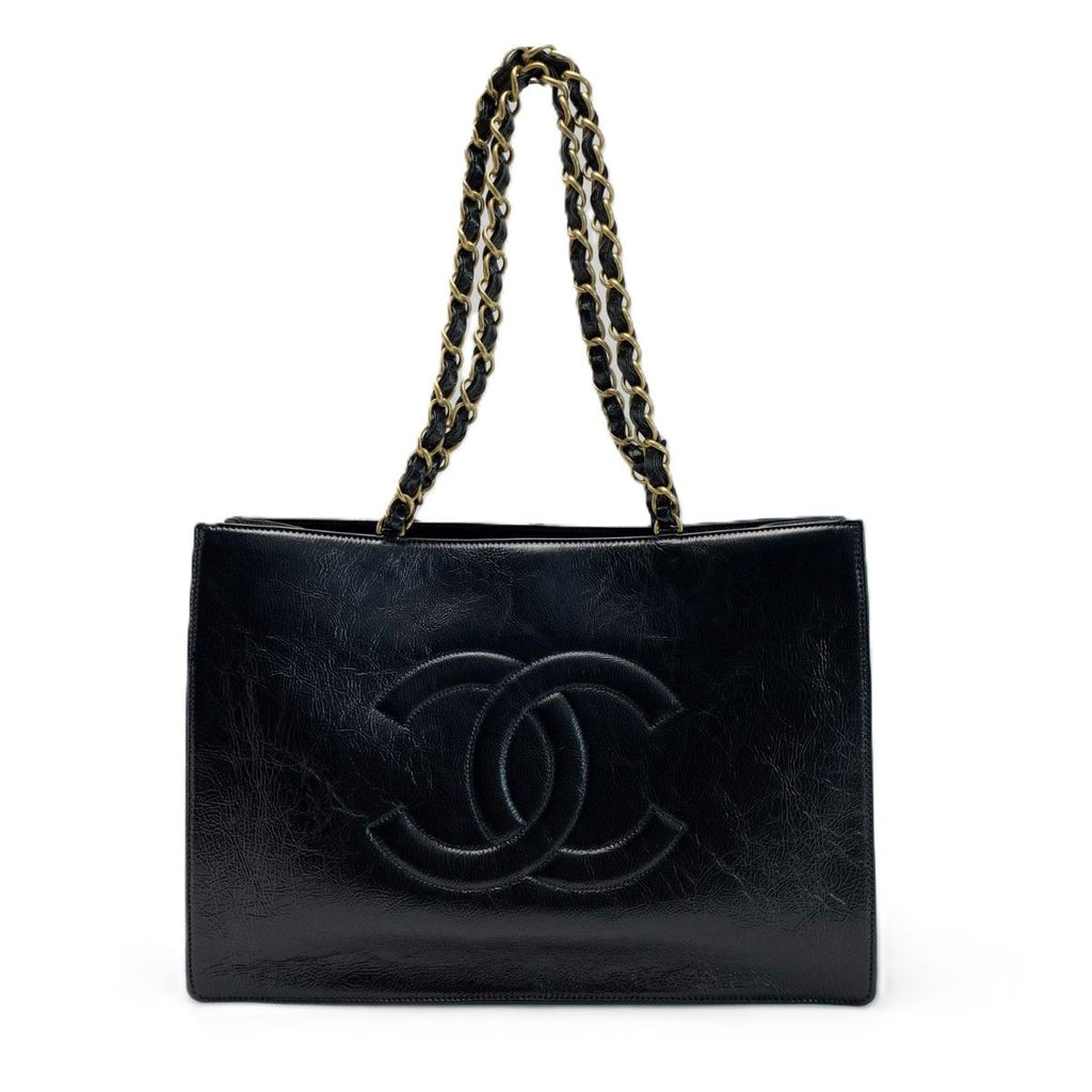 Chanel CC Logo Chain Shoulder Shiny Aged Calfskin Black with Card Tote