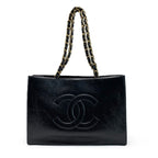 Chanel CC Logo Chain Shoulder Shiny Aged Calfskin Black with Card Tote
