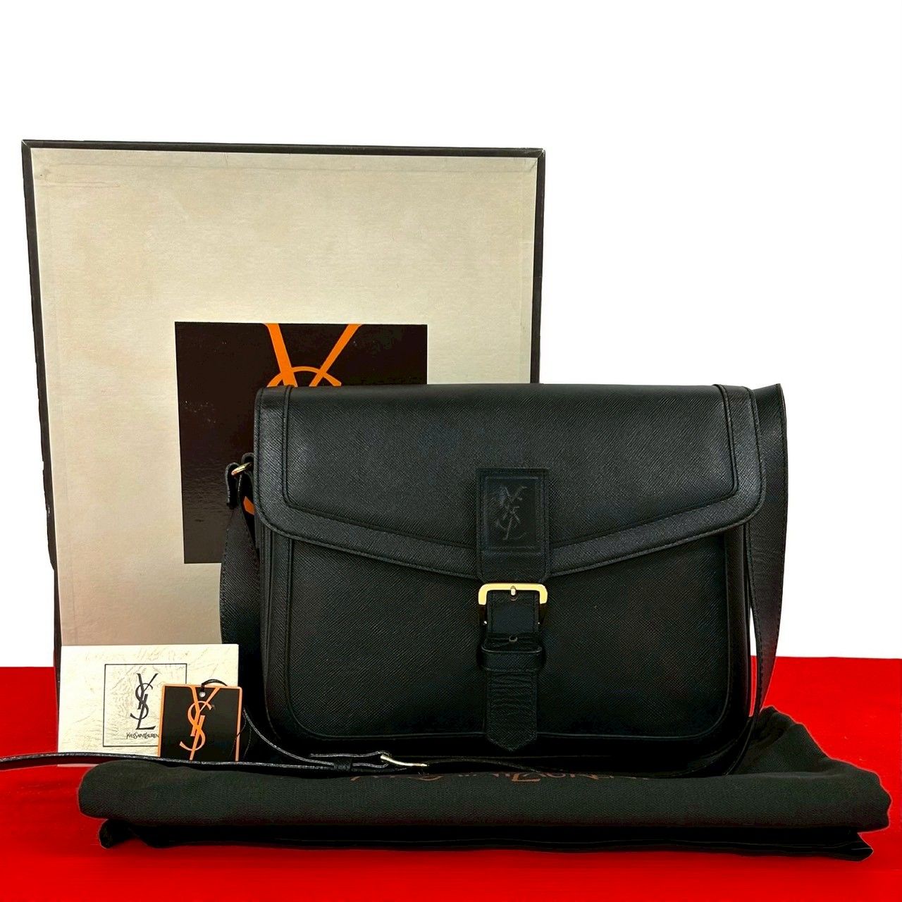 Saint Laurent Box Vintage YSL Logo Leather Shoulder Bag Black