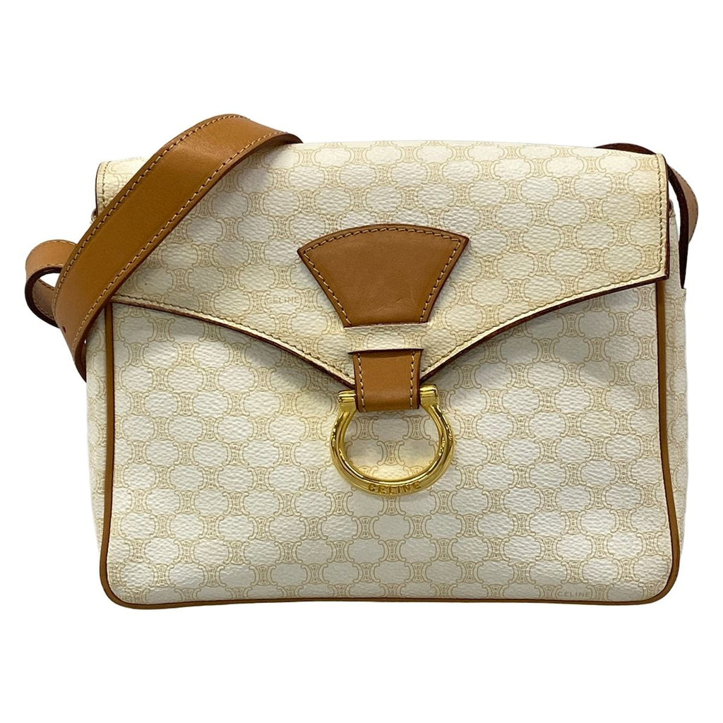 Celine Shoulder Bag Ganchini Macadam Pattern White Light Brown Leather