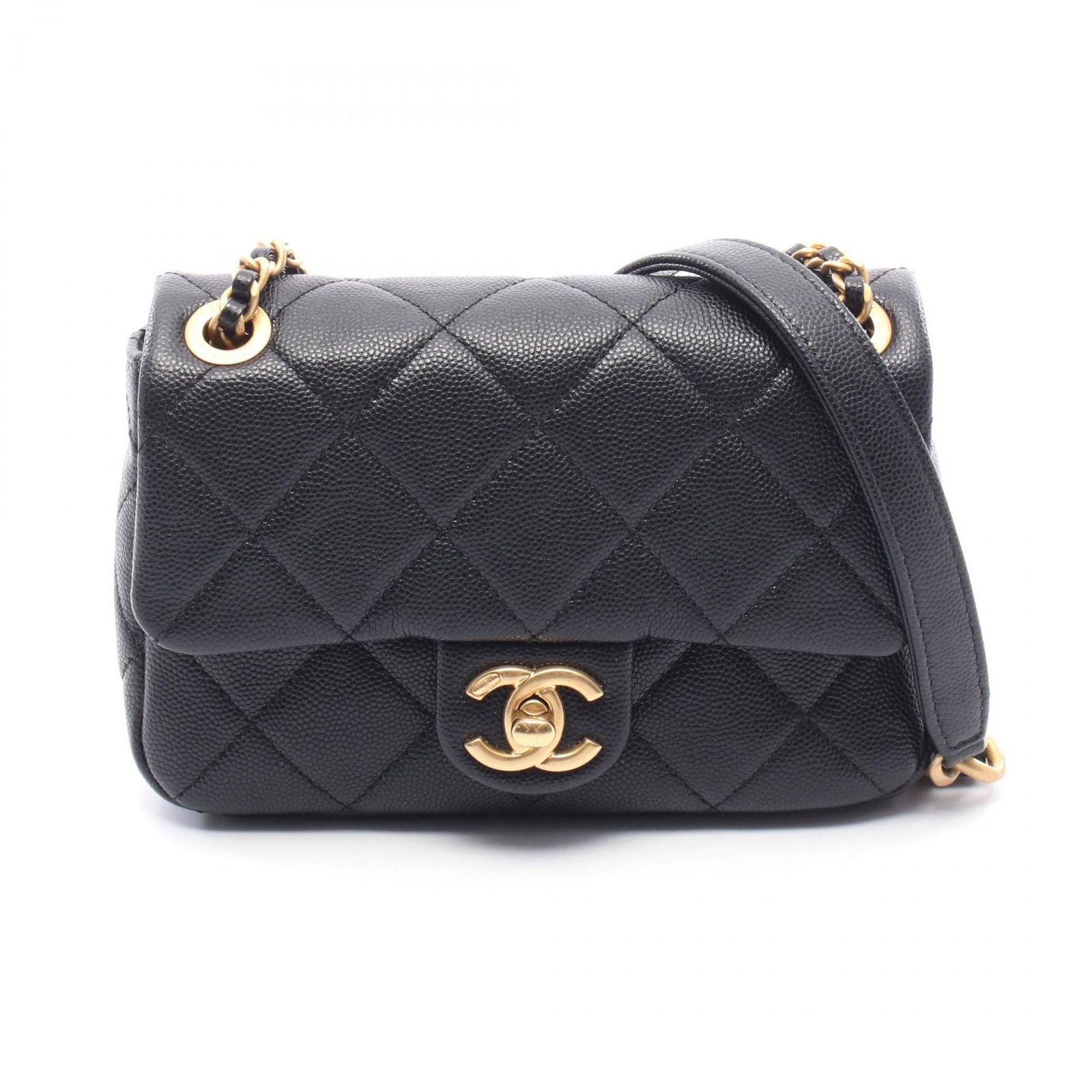 Chanel Shoulder Bag Quilted Mini Flap Black Caviar Leather Chain