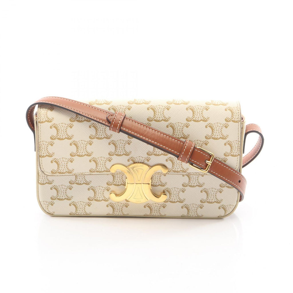 Celine Shoulder Bag Claude Triomphe White Brown Canvas Leather