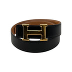 Hermes Belt Constance Leather Logo Black Gold Brown