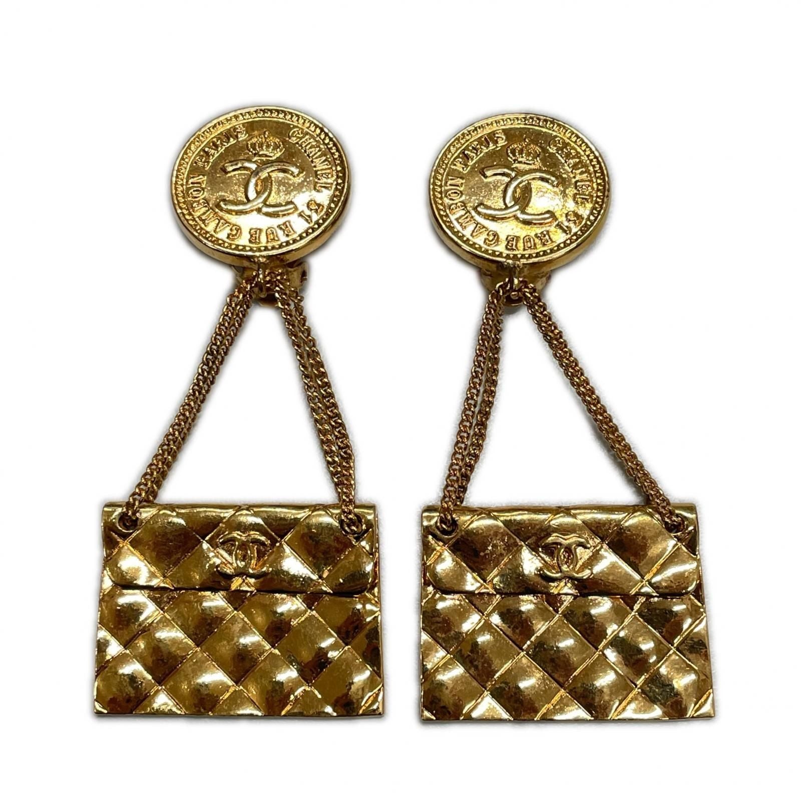 Chanel CC Logo Quilted Coin & Bag Motif Earrings 31 Rue Cambon Gold — view 2