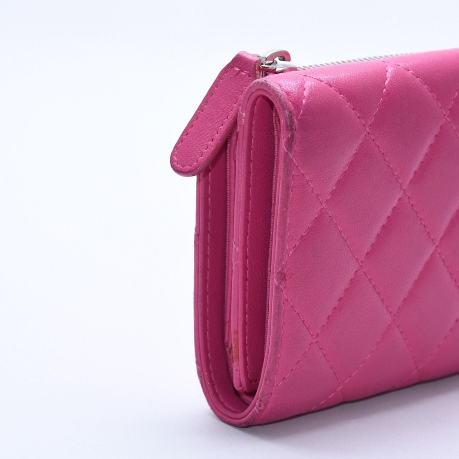 Chanel Quilted Compact Wallet Trifold Lambskin Pink Silver — view 8