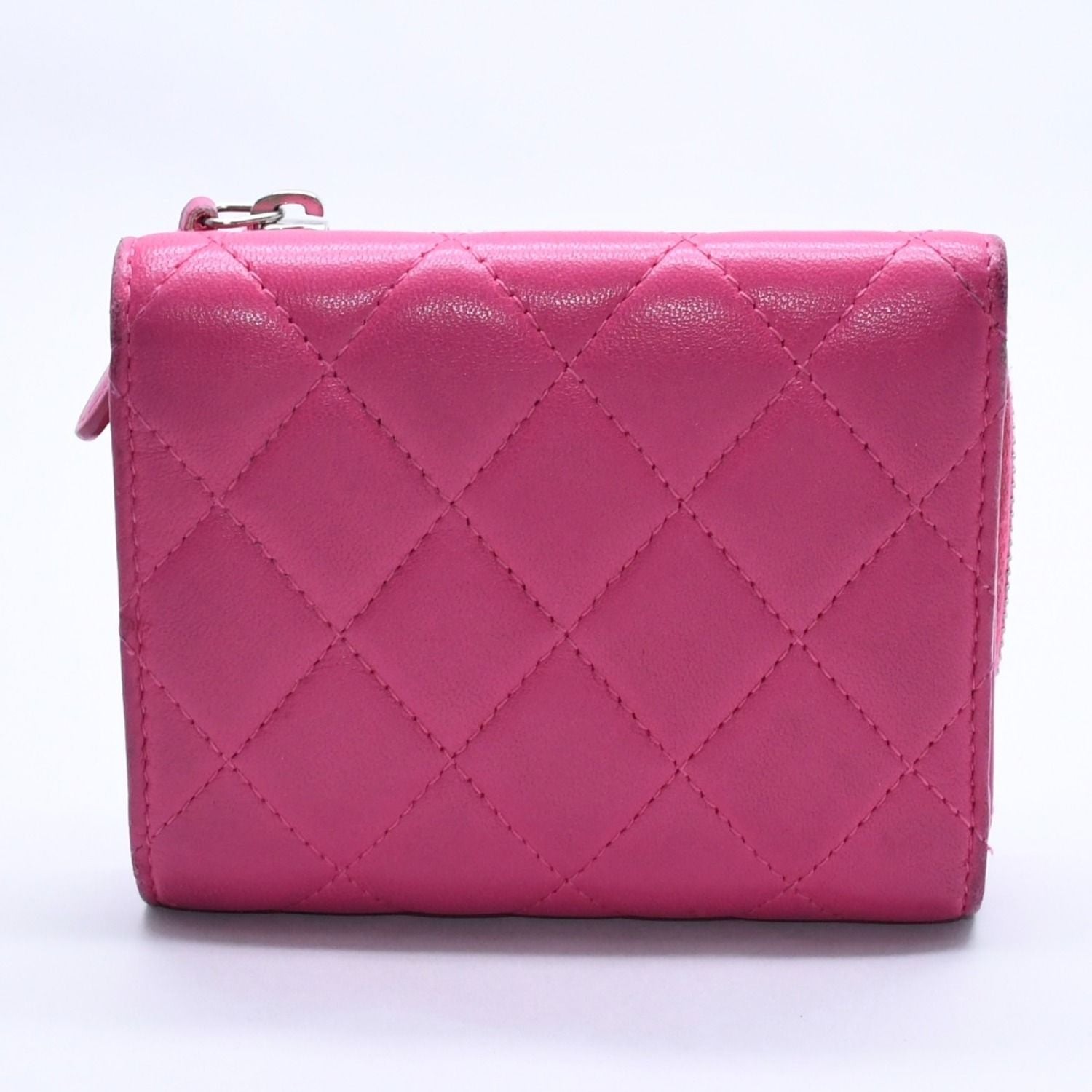Chanel Quilted Compact Wallet Trifold Lambskin Pink Silver — view 2