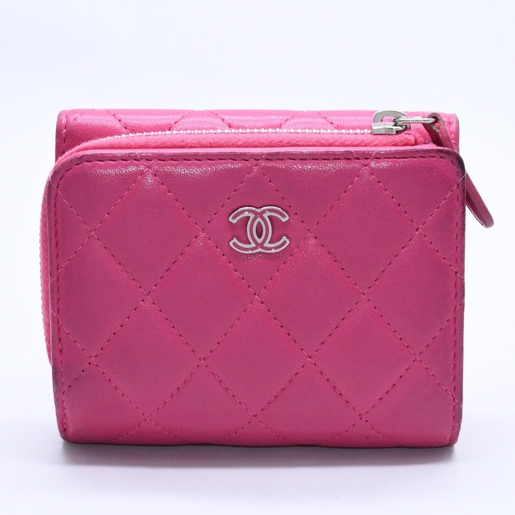Chanel Quilted Compact Wallet Trifold Lambskin Pink Silver
