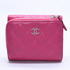 Chanel Quilted Compact Wallet Trifold Lambskin Pink Silver