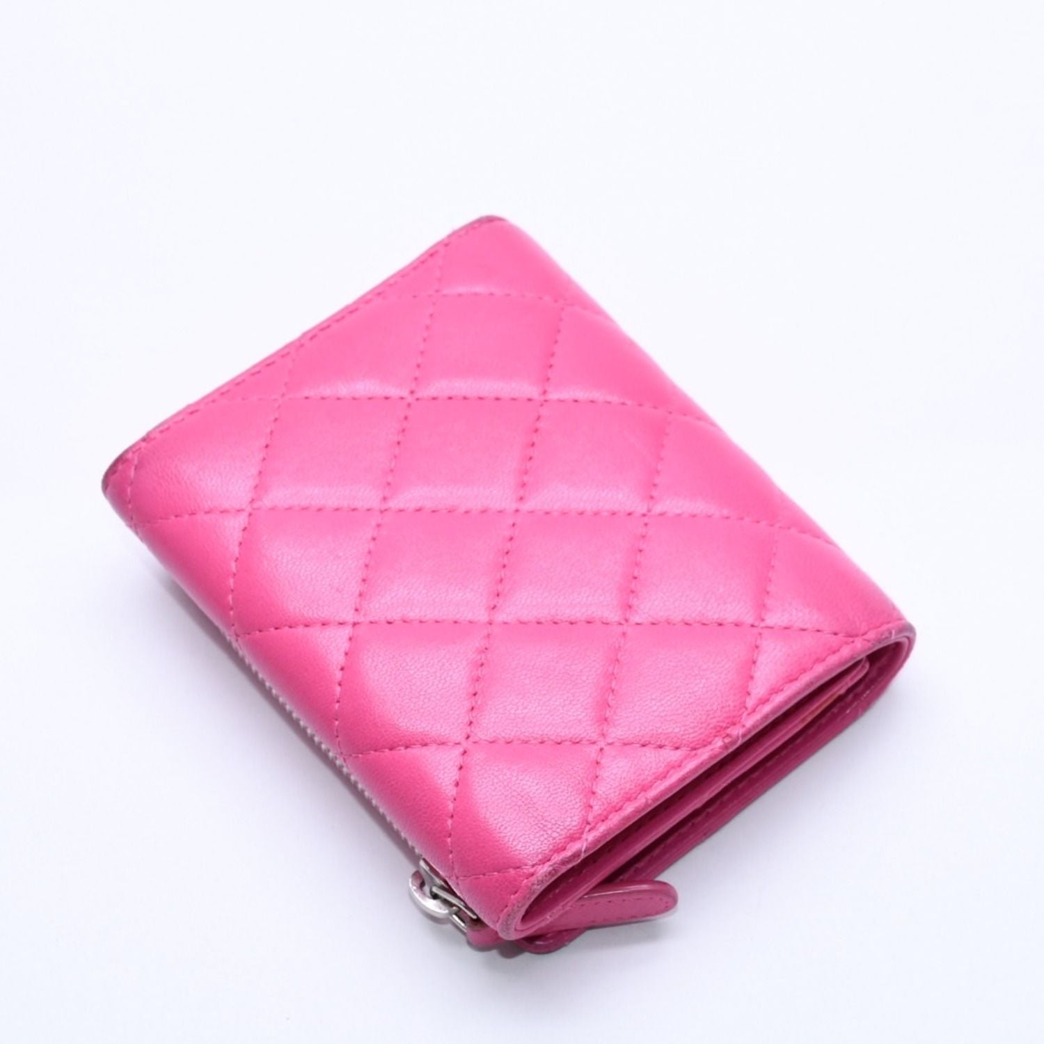 Chanel Quilted Compact Wallet Trifold Lambskin Pink Silver — view 4