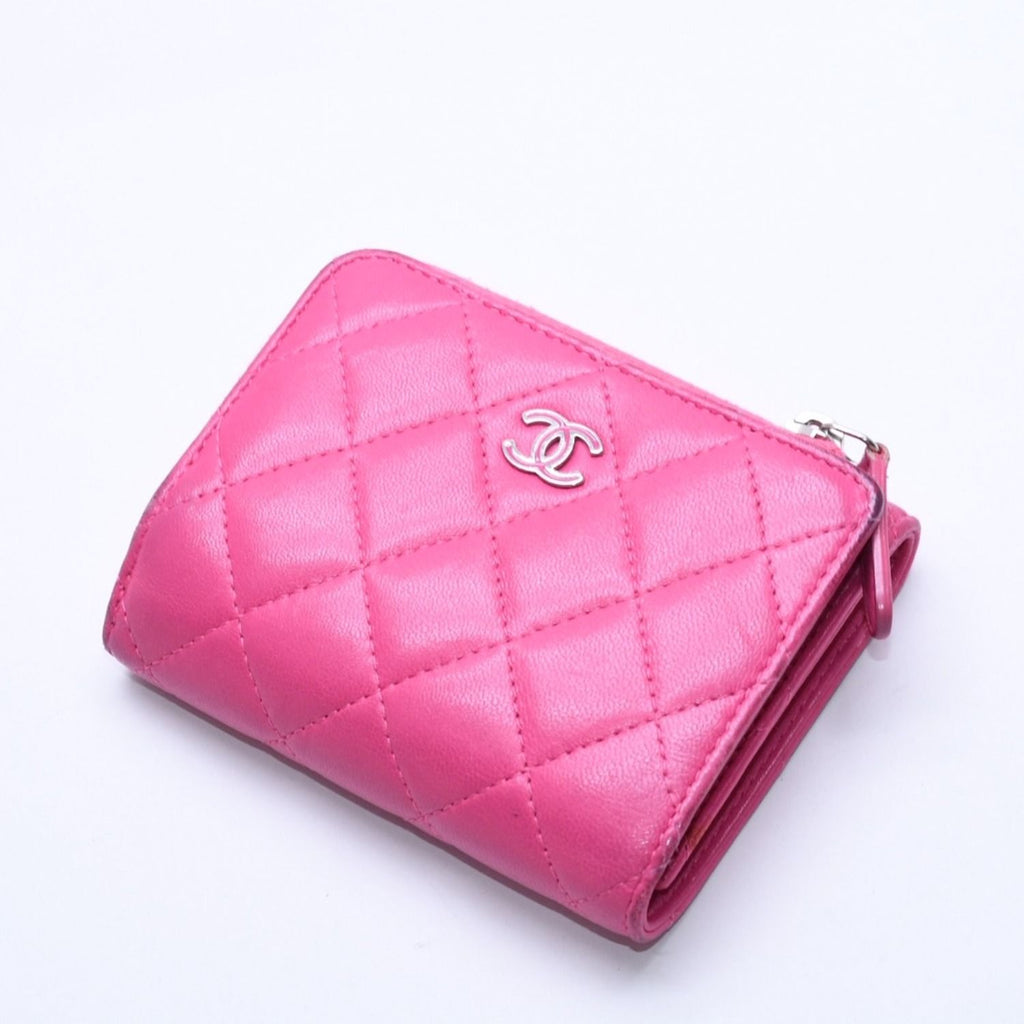 Chanel Quilted Compact Wallet Trifold Lambskin Pink Silver — view 3