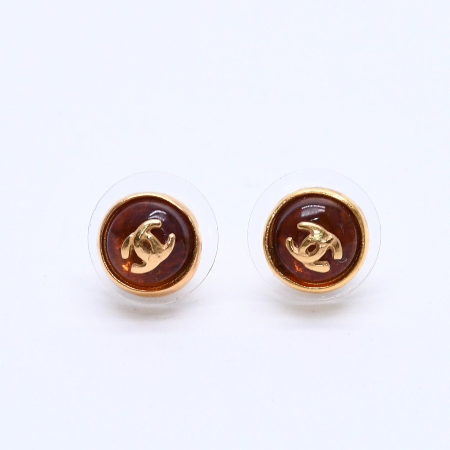 Chanel Earrings CC Logo Orange Glitter Gold 99c Metal Resin