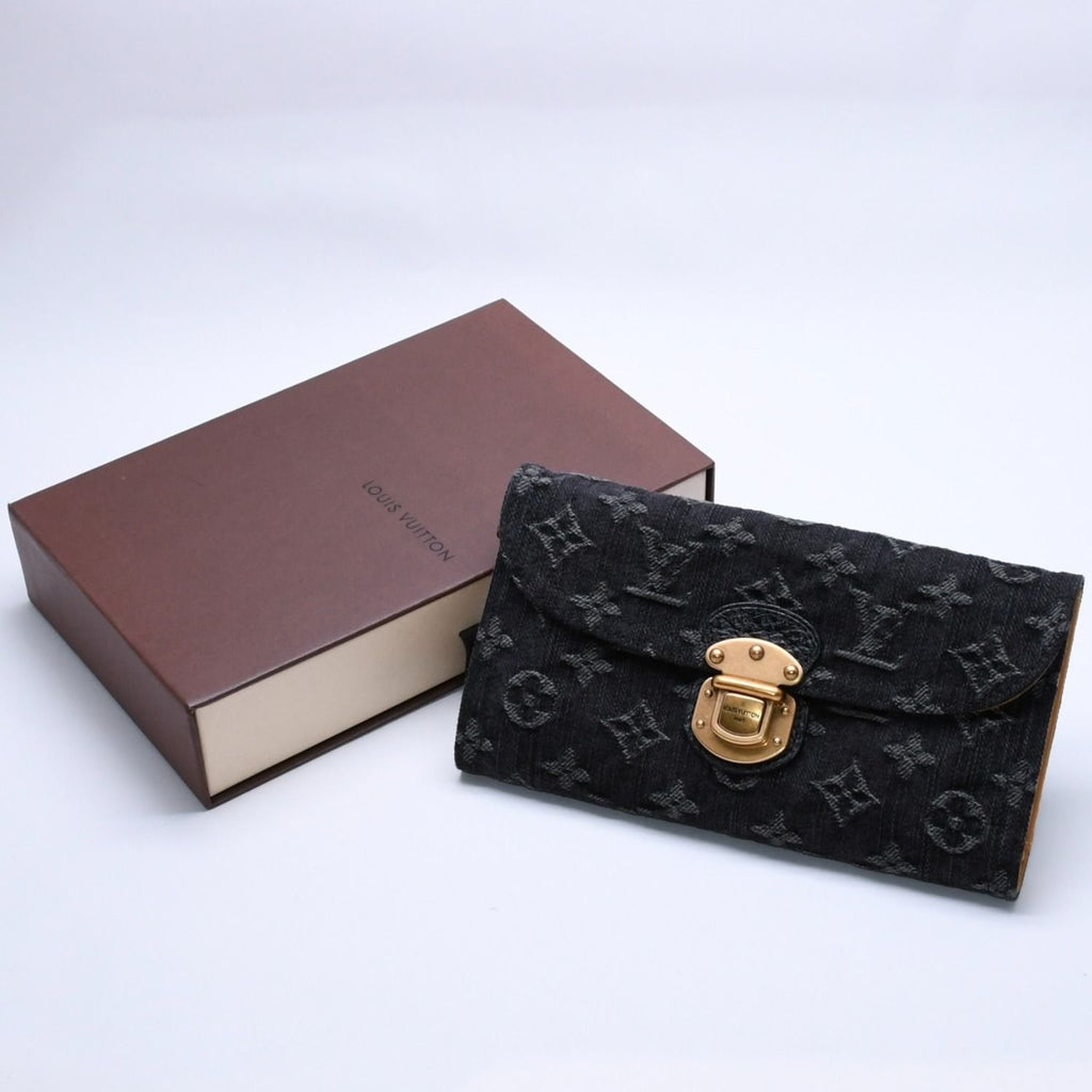 Louis Vuitton Monogram Denim Portefeuille Amelia Trifold Wallet Black Yellow