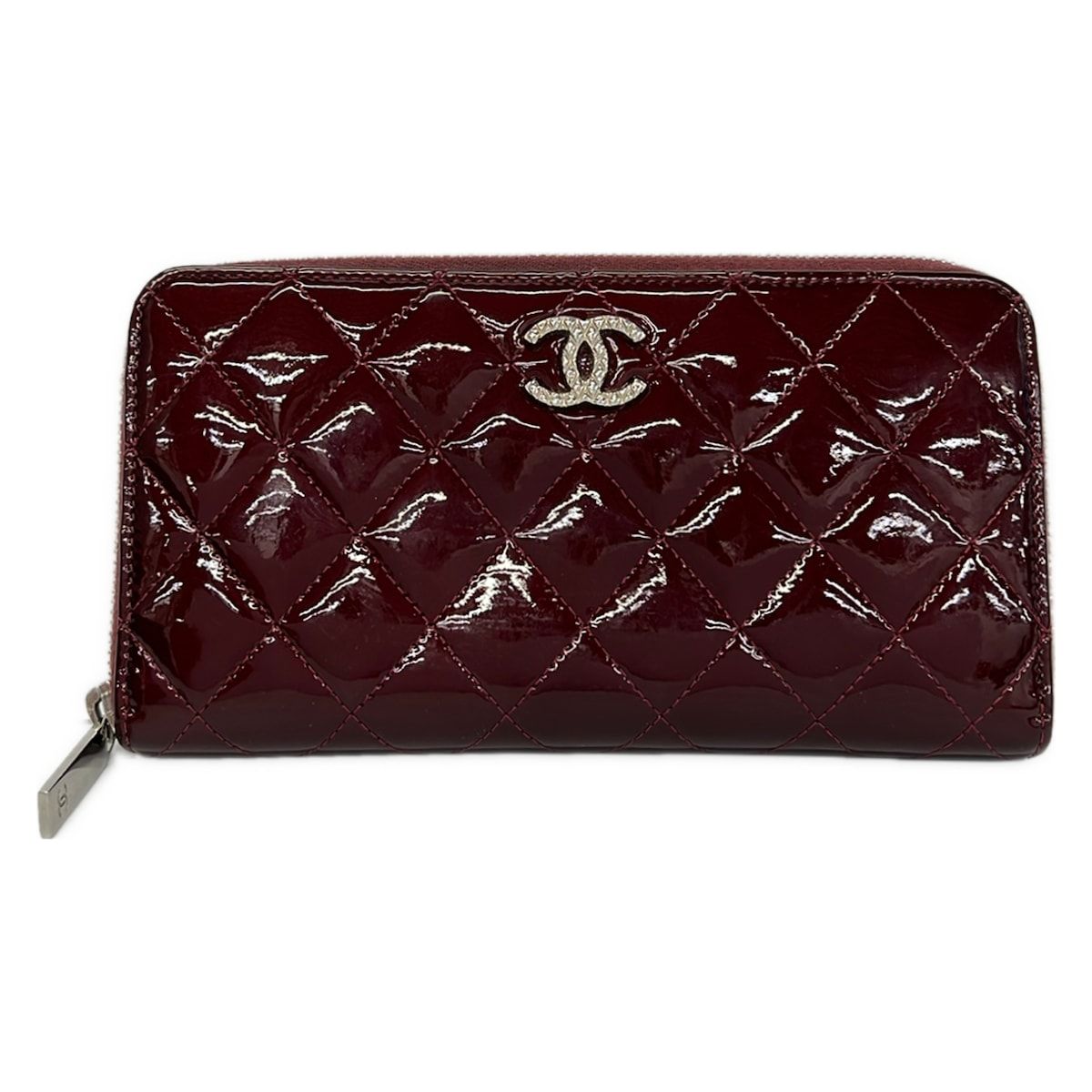 Chanel Wallet Quilted Brilliant Bordeaux Zip Around Silver Leather