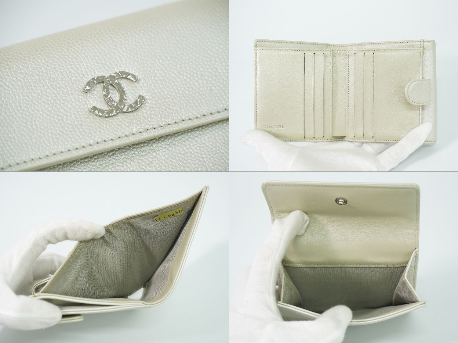 Chanel CC Logo Bifold Wallet Compact Leather Pearl White — view 8