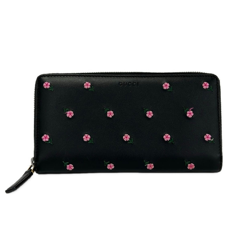 Gucci Wallet Black Light Pink Green Embroidery Flower Zip Around Leather