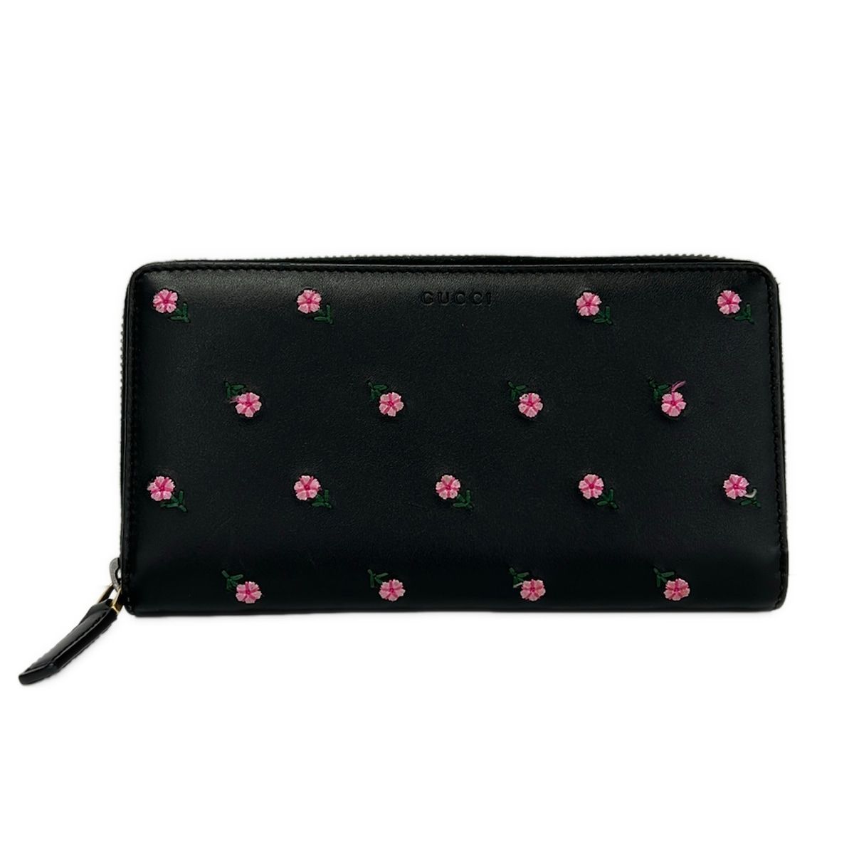 Gucci Wallet Black Light Pink Green Embroidery Flower Zip Around Leather