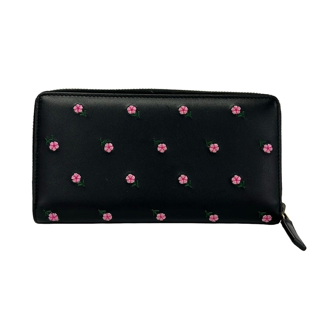 Gucci Wallet Black Light Pink Green Embroidery Flower Zip Around Leather — view 2