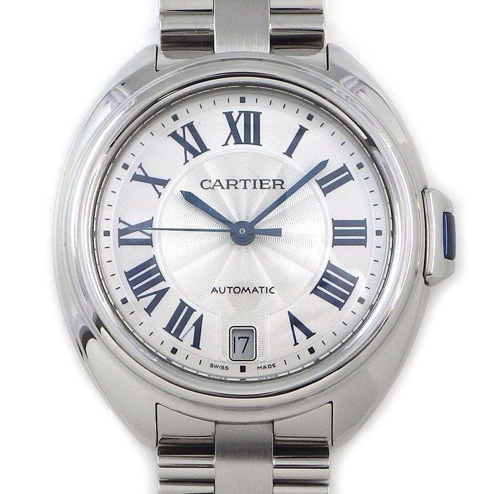 Cartier Watch Cles Silver Guilloche Dial Roman Index Date Back Slotted SS