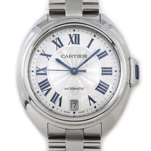 Cartier Watch Cles Silver Guilloche Dial Roman Index Date Back Slotted SS