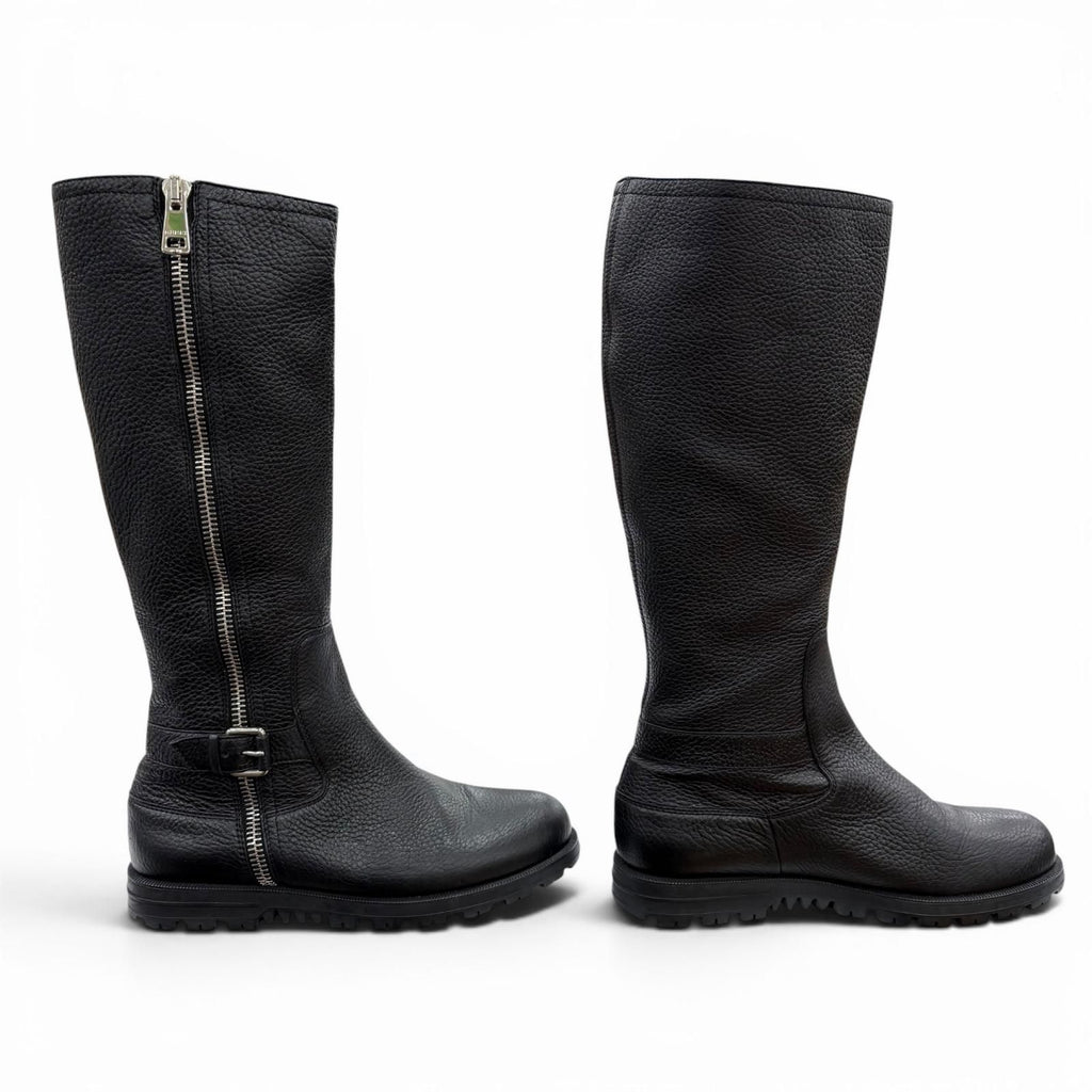 Gucci Belted Side Zip Leather Shearling Long Boots Black Silver — view 3