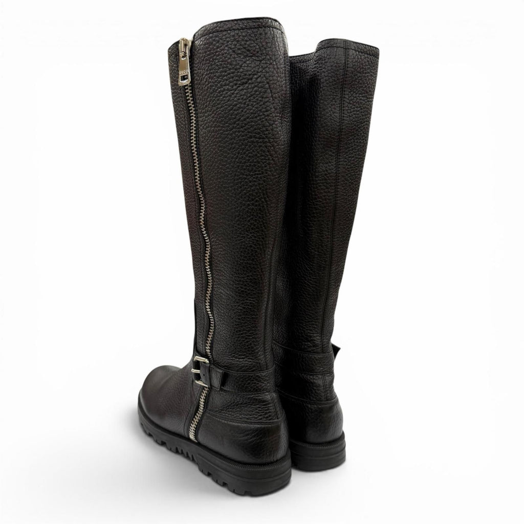 Gucci Belted Side Zip Leather Shearling Long Boots Black Silver — view 5