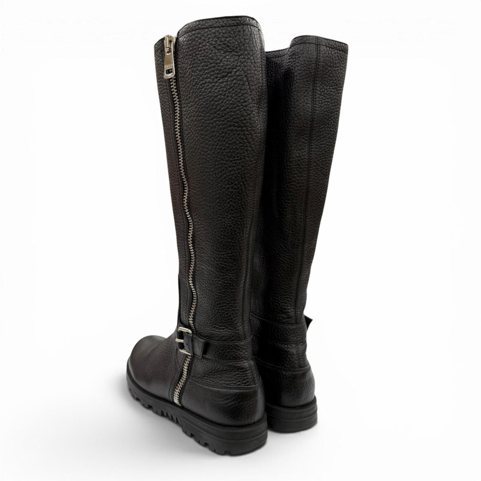 Gucci Belted Side Zip Leather Shearling Long Boots Black Silver — view 5