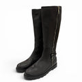 Gucci Belted Side Zip Leather Shearling Long Boots Black Silver