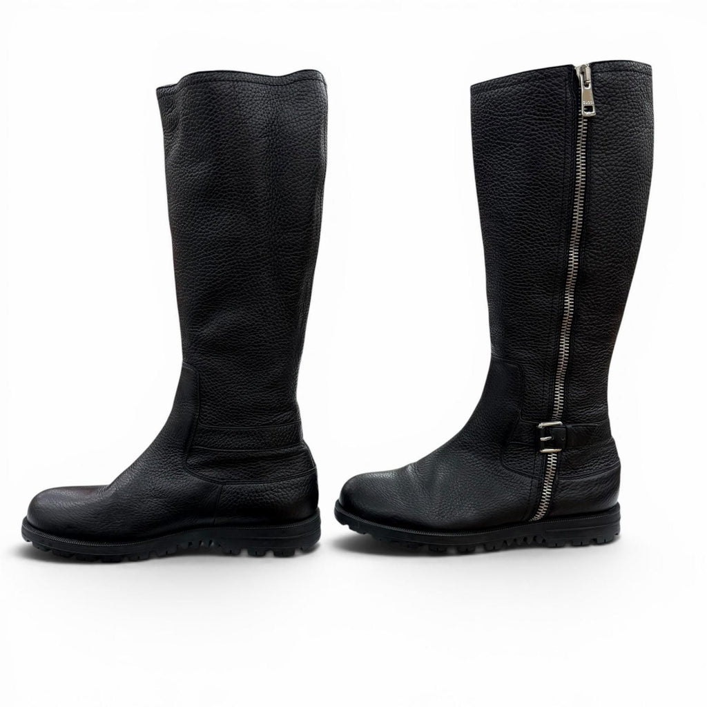 Gucci Belted Side Zip Leather Shearling Long Boots Black Silver — view 2