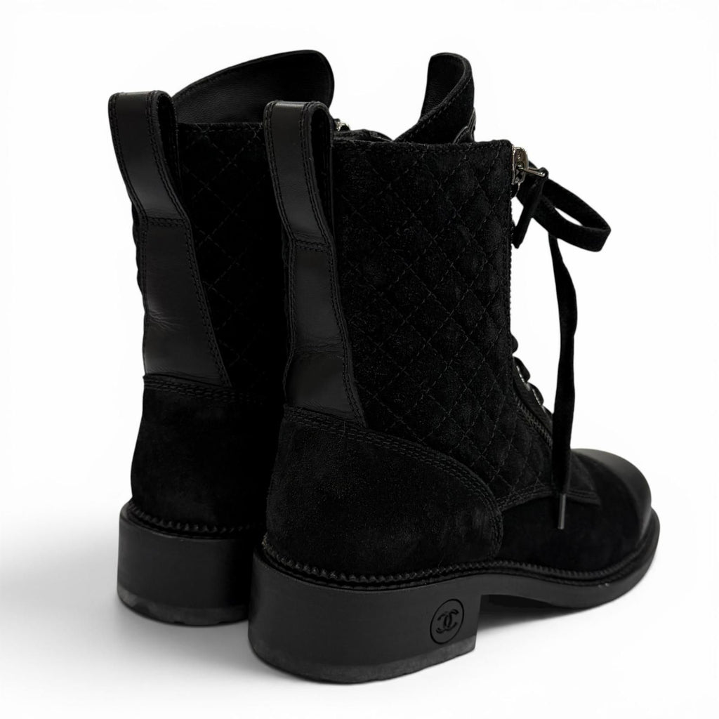 Chanel Leather Quilted CC Logo Lace Up Suede Short Boots Black 37 Boxes — view 3
