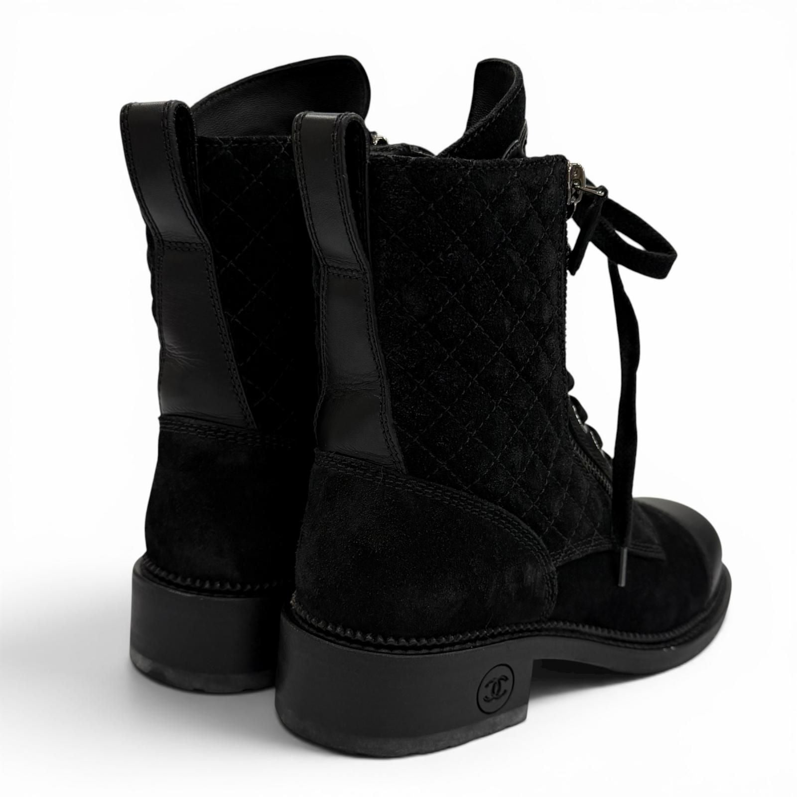 Chanel Leather Quilted CC Logo Lace Up Suede Short Boots Black 37 Boxes — view 3