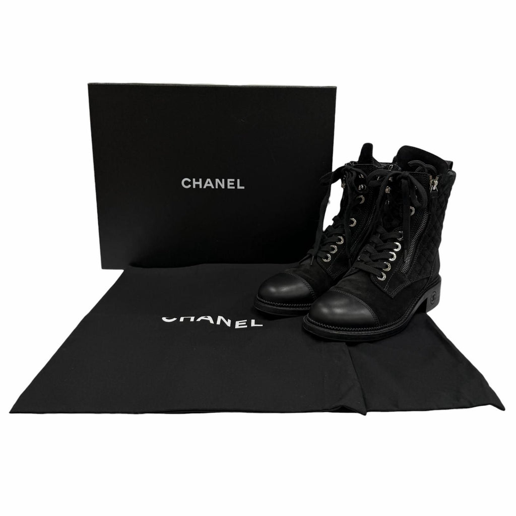 Chanel Leather Quilted CC Logo Lace Up Suede Short Boots Black 37 Boxes — view 2