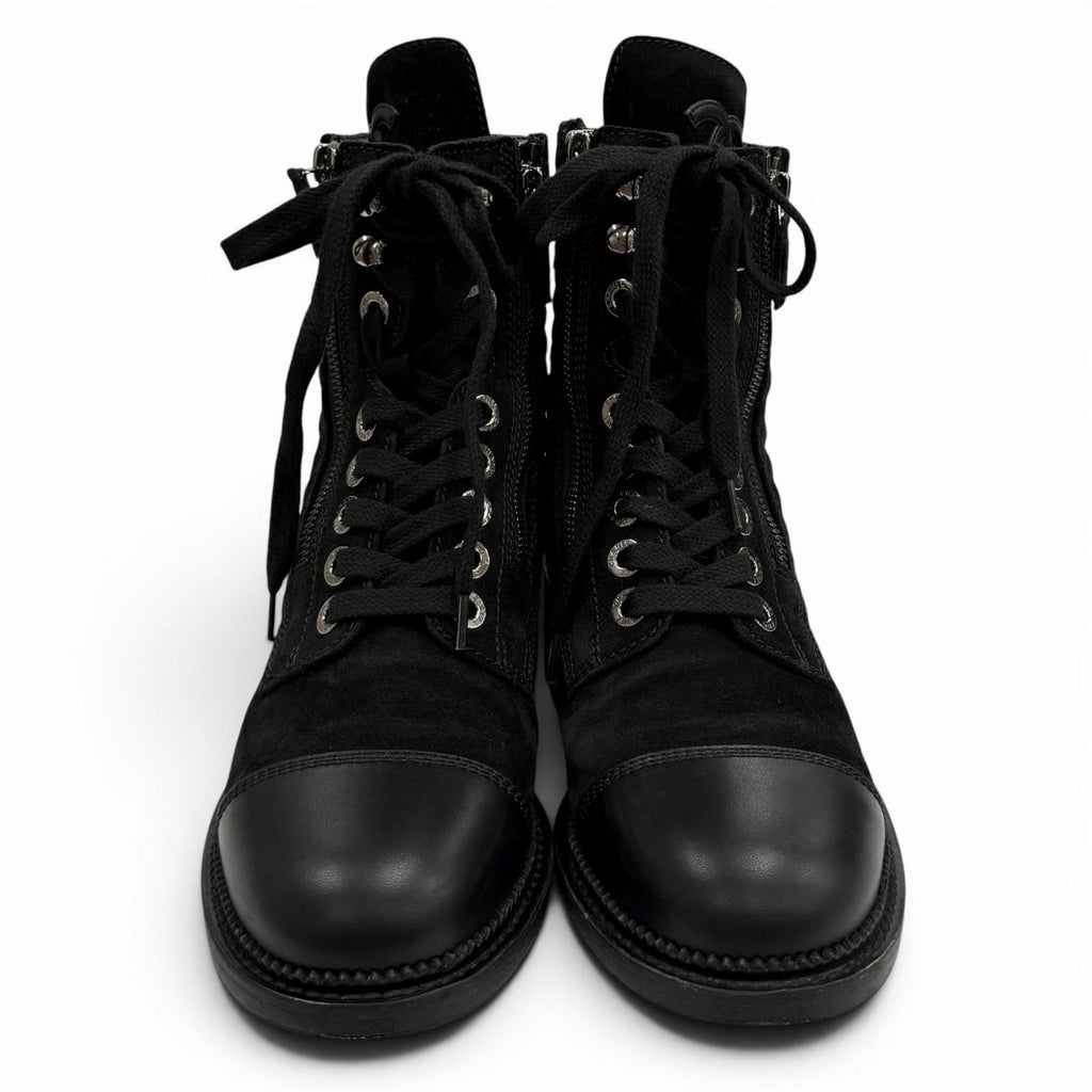 Chanel Leather Quilted CC Logo Lace Up Suede Short Boots Black 37 Boxes — view 4