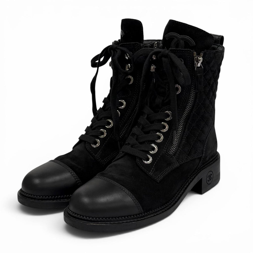 Chanel Leather Quilted CC Logo Lace Up Suede Short Boots Black 37 Boxes