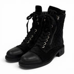 Chanel Leather Quilted CC Logo Lace Up Suede Short Boots Black 37 Boxes