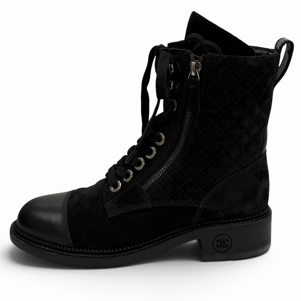 Chanel Leather Quilted CC Logo Lace Up Suede Short Boots Black 37 Boxes — view 5
