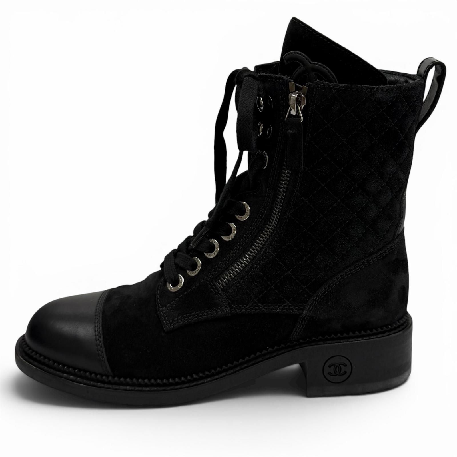 Chanel Leather Quilted CC Logo Lace Up Suede Short Boots Black 37 Boxes — view 5