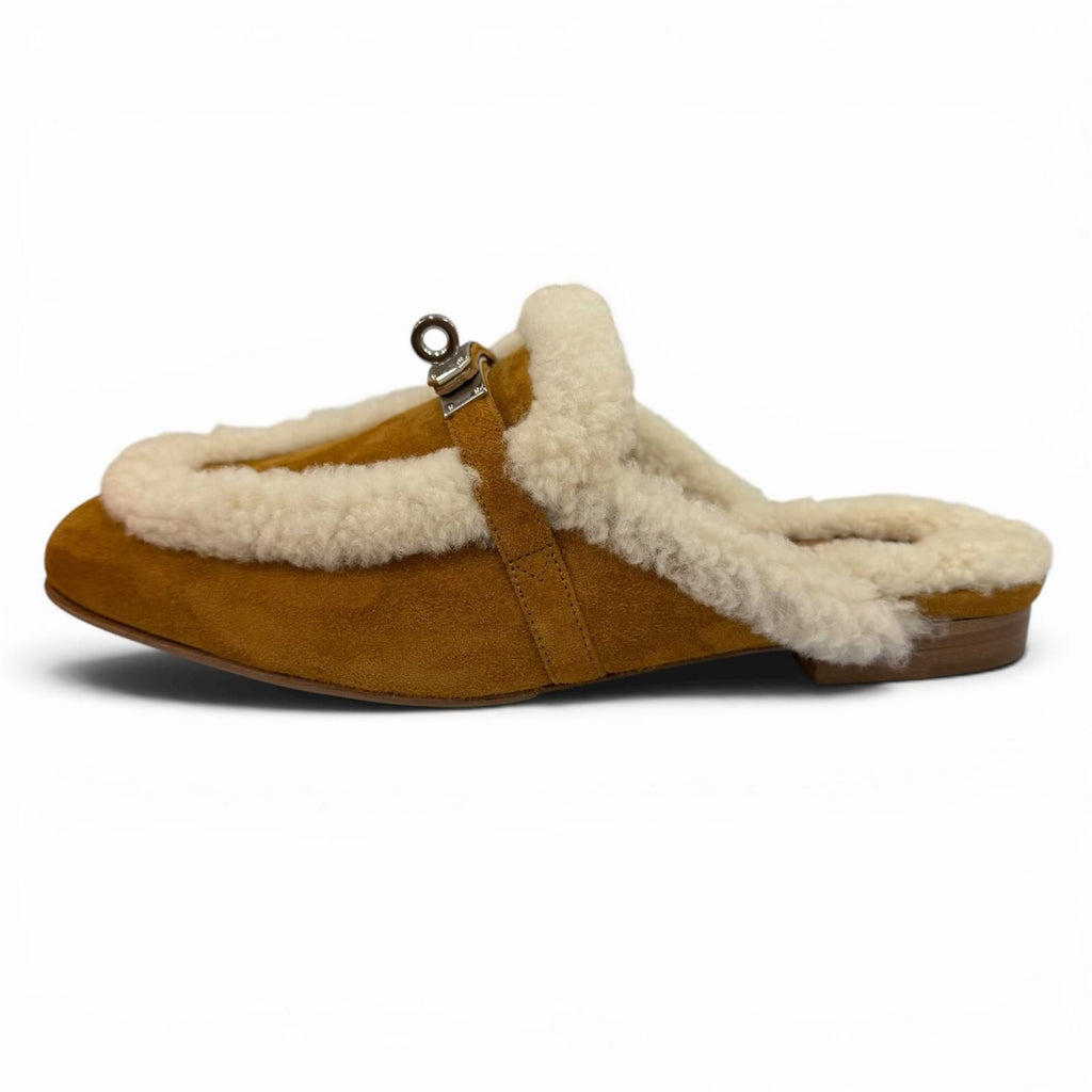 Hermes Oz Sheepskin Silver Kelly Buckle Shearling Mules Brown 37.5 Box — view 5
