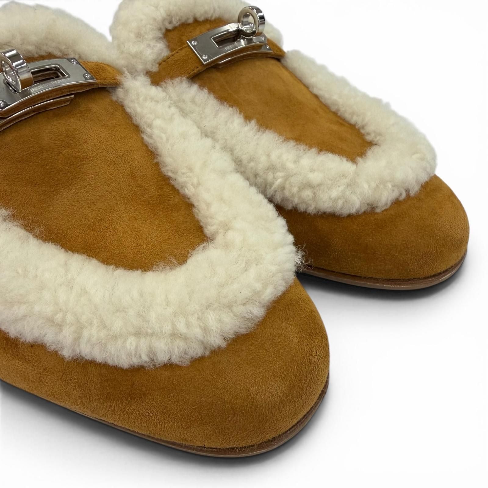Hermes Oz Sheepskin Silver Kelly Buckle Shearling Mules Brown 37.5 Box — view 8