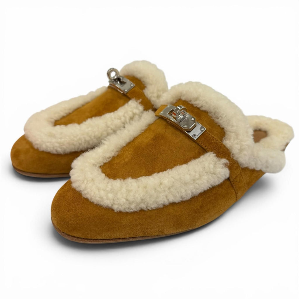 Hermes Oz Sheepskin Silver Kelly Buckle Shearling Mules Brown 37.5 Box
