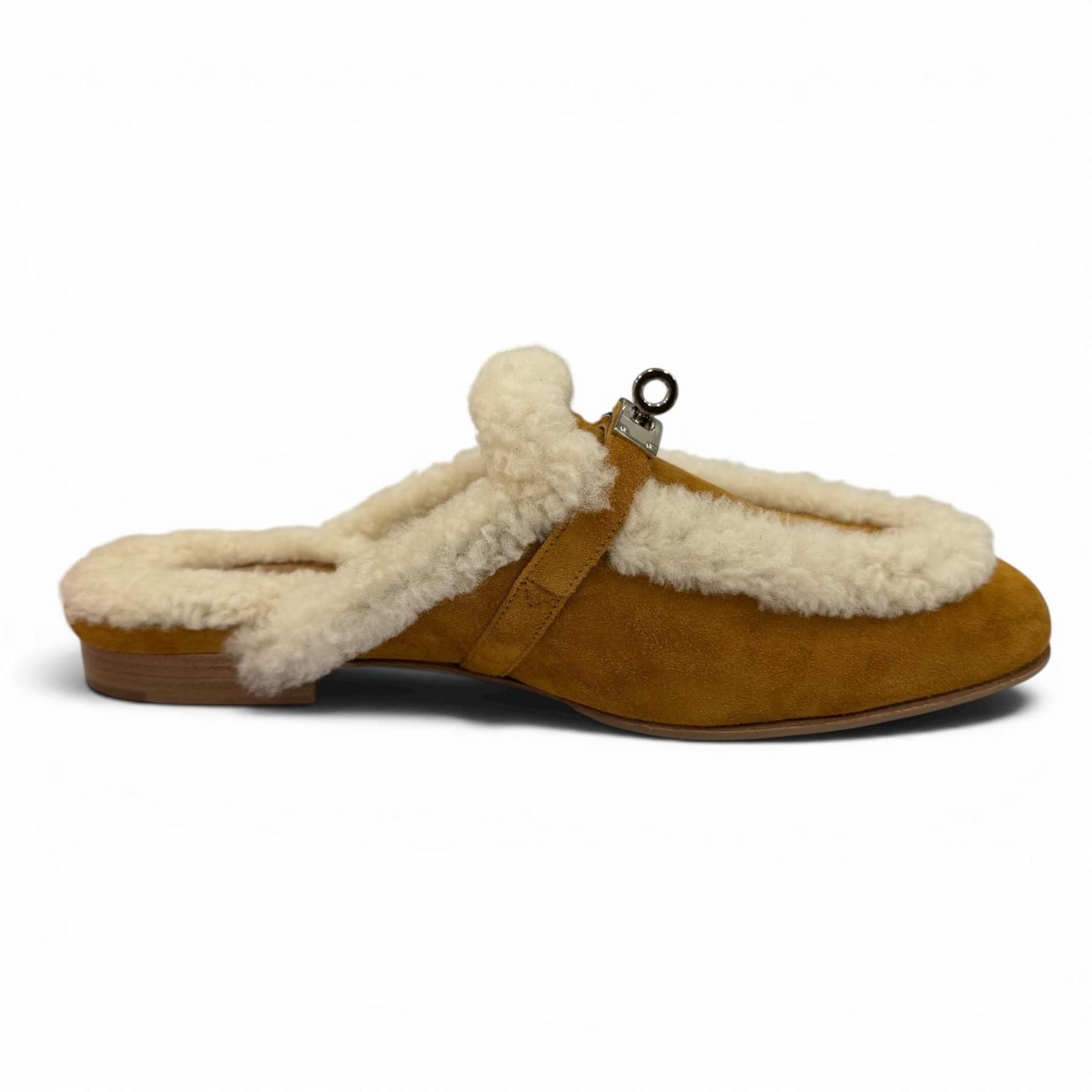 Hermes Oz Sheepskin Silver Kelly Buckle Shearling Mules Brown 37.5 Box — view 6