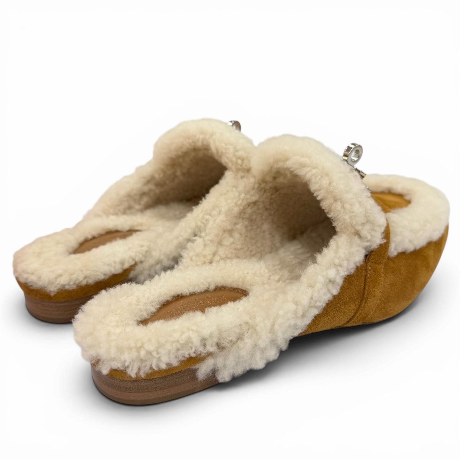 Hermes Oz Sheepskin Silver Kelly Buckle Shearling Mules Brown 37.5 Box — view 3