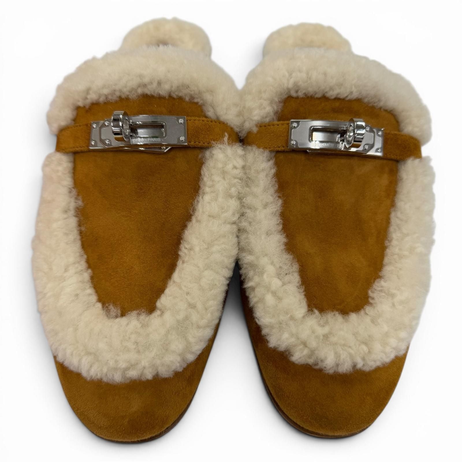 Hermes Oz Sheepskin Silver Kelly Buckle Shearling Mules Brown 37.5 Box — view 4